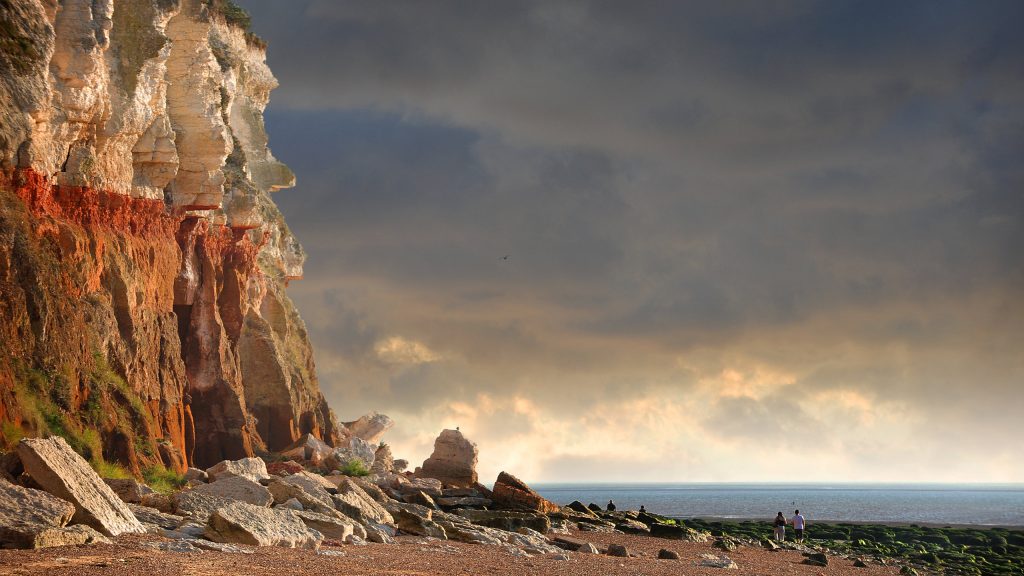 A cloudy shot of Old Hunstanton's famous red and white striped cliffs.