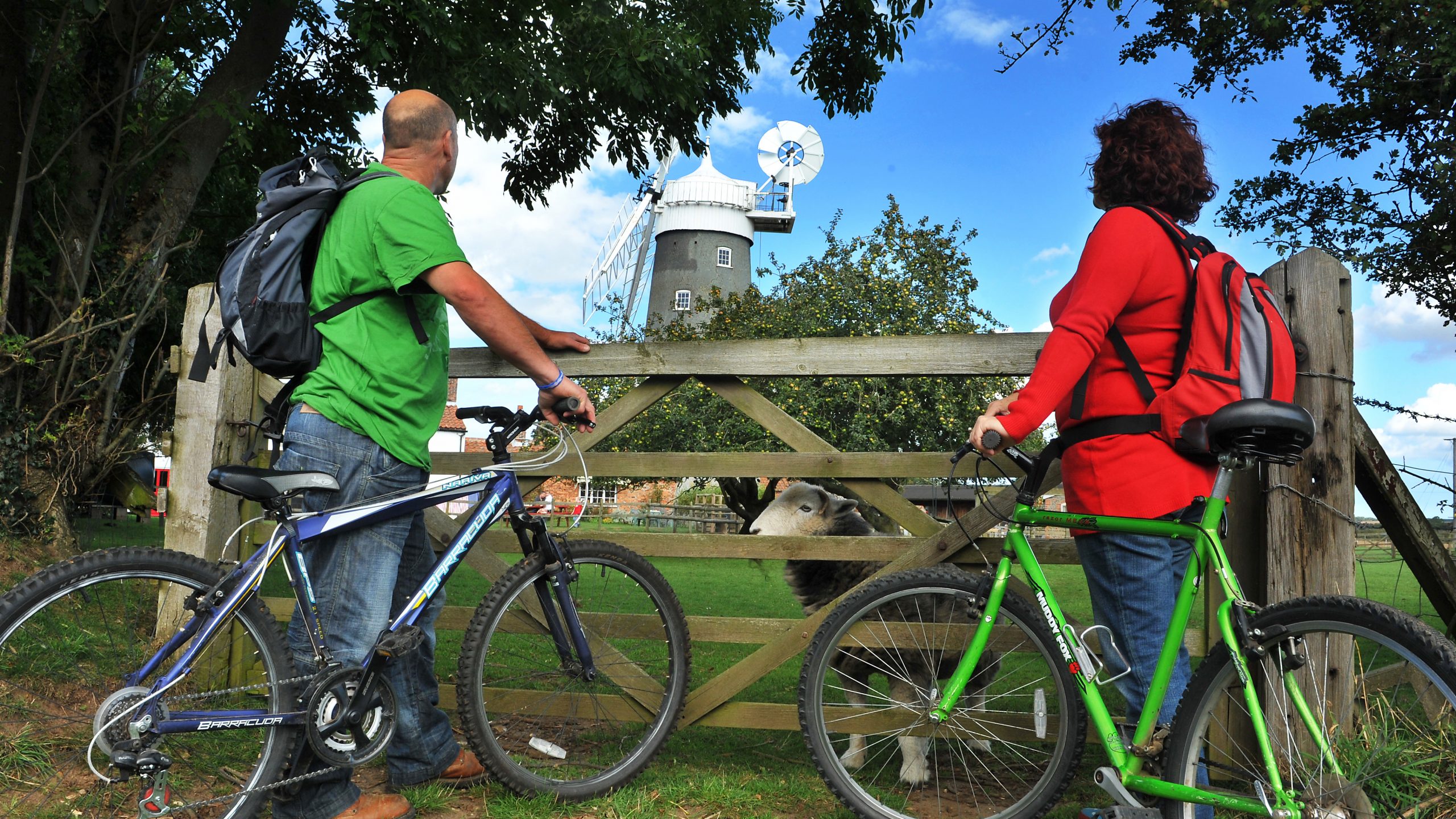 A couple standing and holding their bikes whilst looking over at Bircham Windmill.