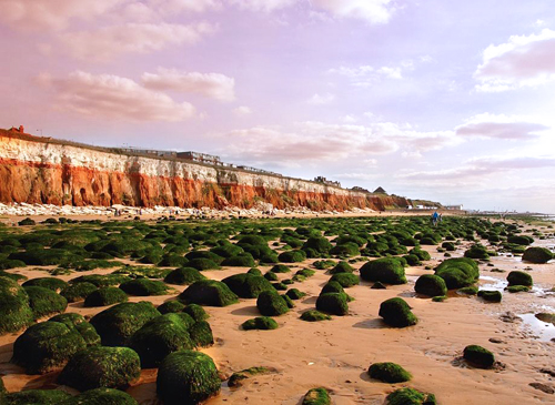 The red and white striped cliffs at Old Hunstanton beach.