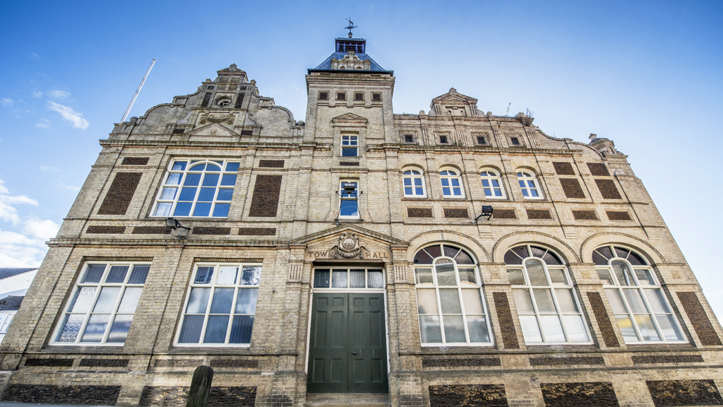 A below shot of Downham Market Town Hall.