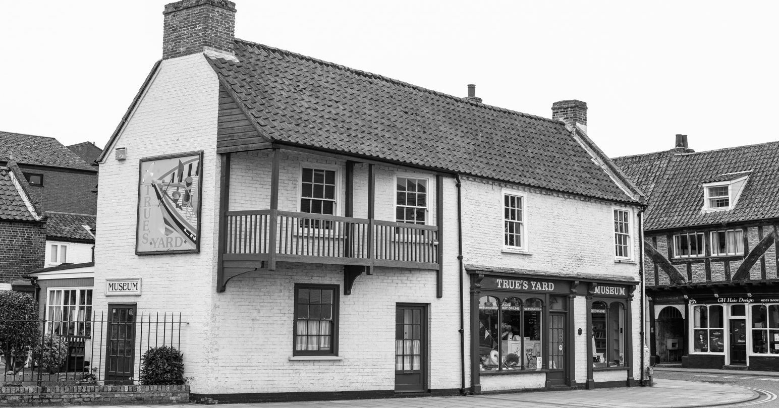 A black and white image of True's Yard Fisherfolk Museum.