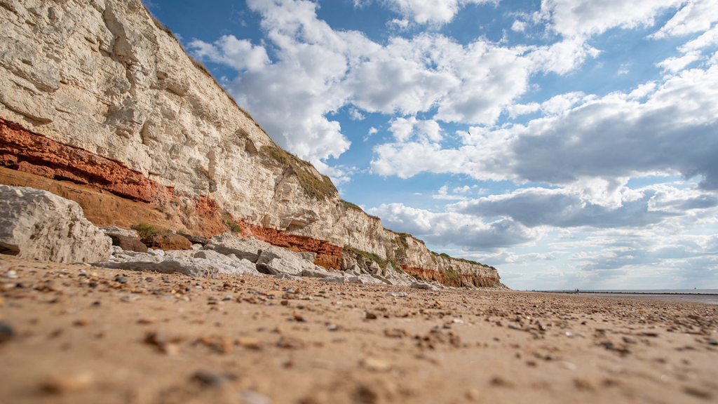 The red and white striped cliffs at Old Hunstanton beach.