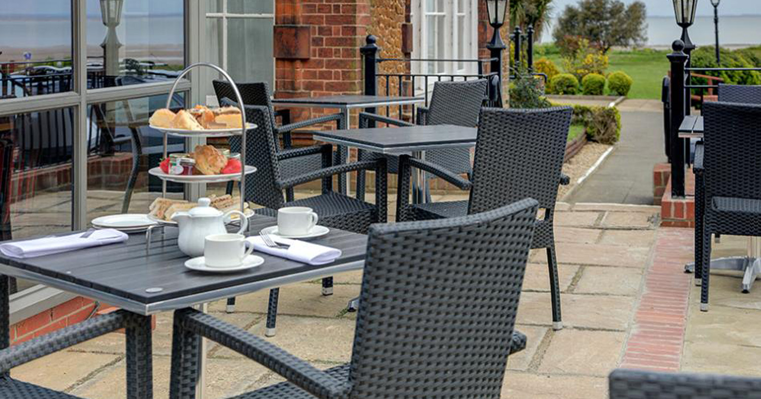 The outdoor seating area at Le Strange Arms Hotel and Restaurant, West Norfolk.