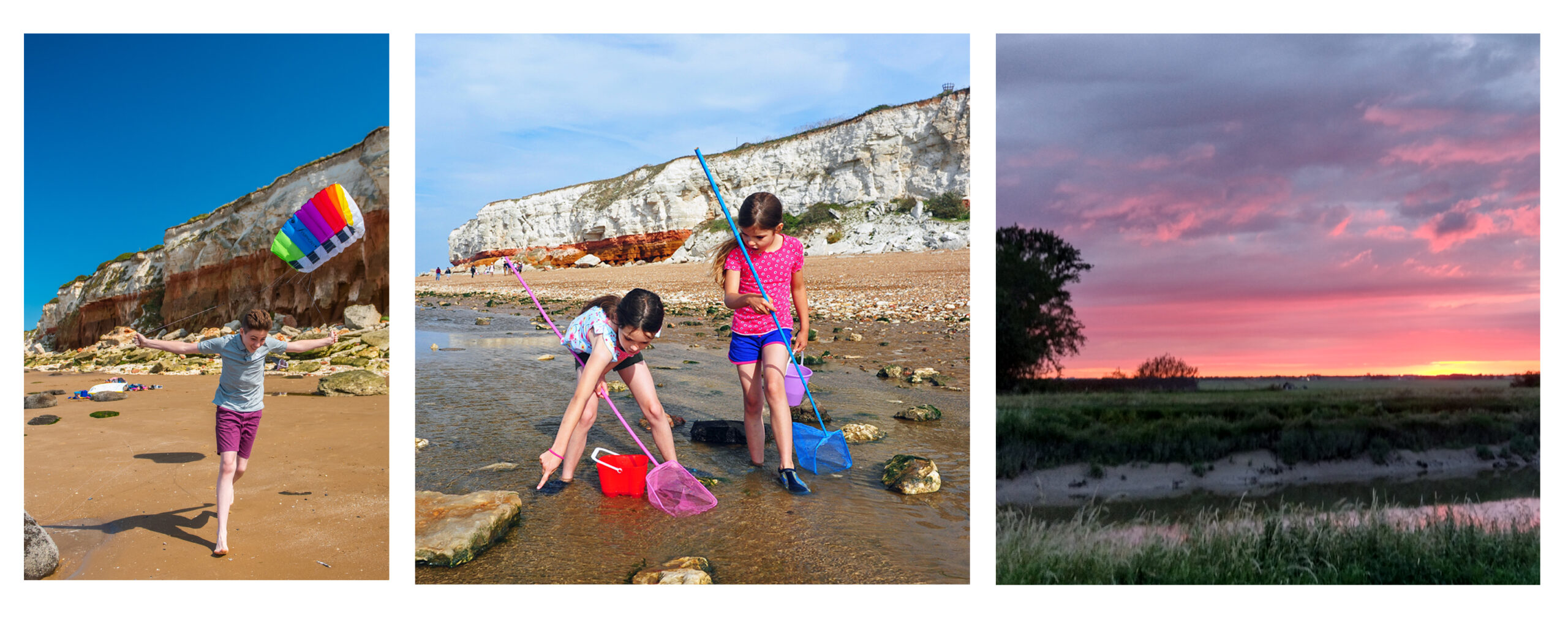 Montage of images of Hunstanton beach: boy flying kite; two girls with fishing nets; sunset.